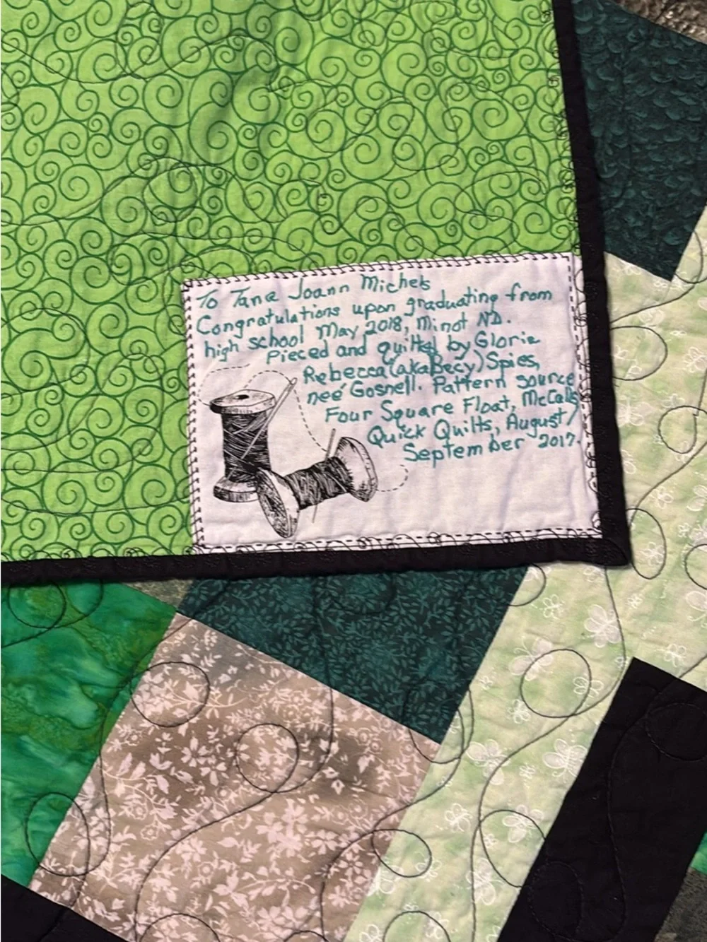 Green Patchwork Quilt with Black Accents - Handmade Bedding